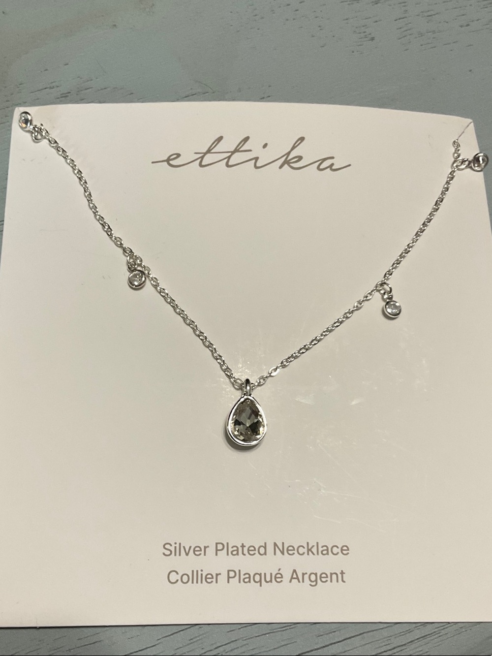 ettika Silver Plated Teardrop Pendant Necklace - Clear Crystal Accents